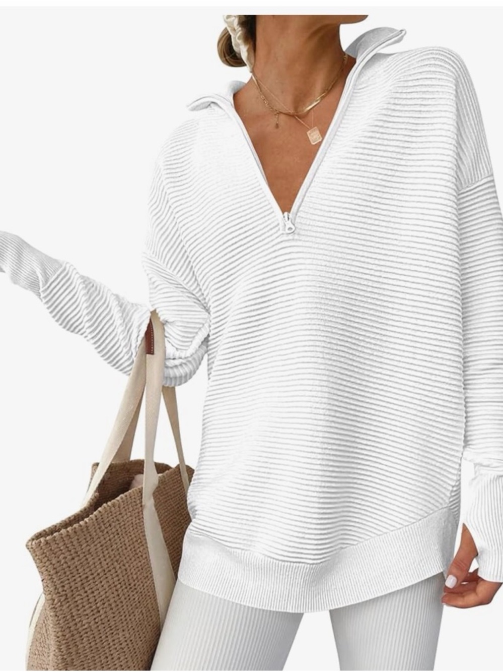 Cozy White Ribbed Half-Zip Pullover - Picture 2 of 2